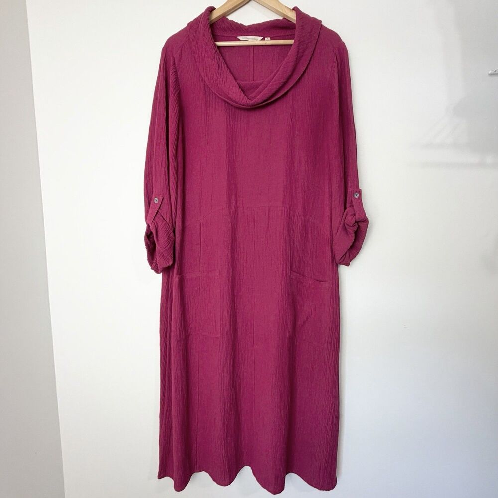 Soft Surroundings Midi Dress Magenta Pink Cowl Neck Roll Tab Sleeves Women’s XL
